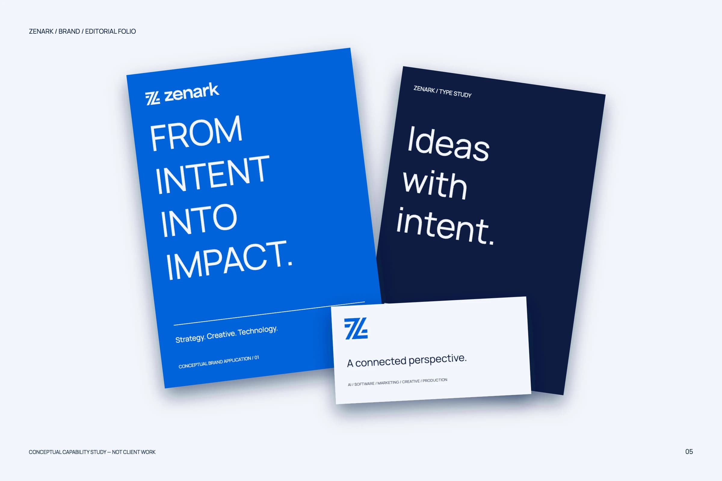 Conceptual Zenark editorial folio with blue and navy brand applications.