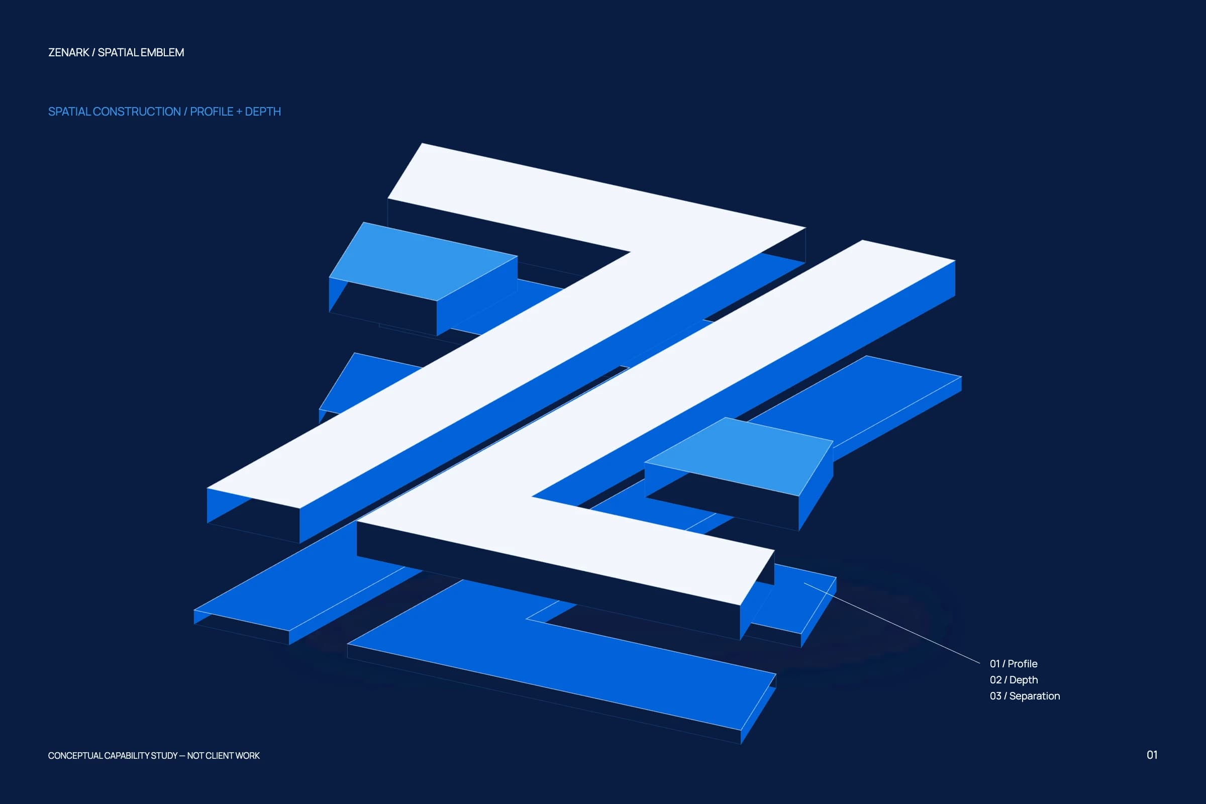 Spatial study of the Zenark emblem, assembled from layered blue and white forms.